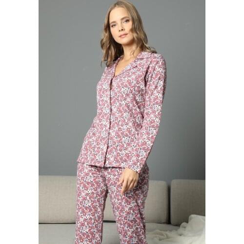 Cathi&White womans pajama set, sleep wear, cotton, lycra, piped, buttoned, first quality, flower patterned dm59056