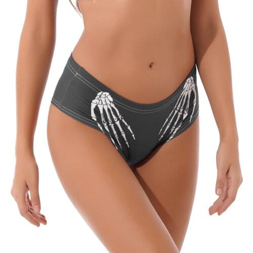 Sexy Women Girl Fashion Hand Skeleton Printed Panties Underwear Low Waist Briefs Elastic Waistband Bikini Swimming Briefs Bottom