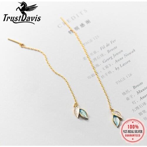Trustdavis Real 925 Sterling Silver Fashion Glaze Leaves Long Chain Charm Earrings For Women Party FINE Jewelry Wholesale DA2404