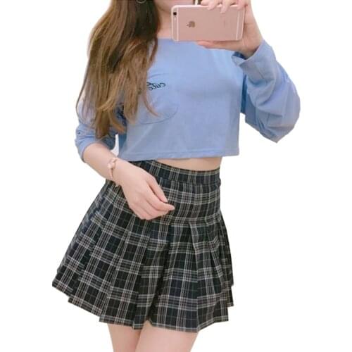 2020 Summer Womens Plaid Skirts Harajuku High Waist Pleated Skirts Black A-Line Midi Girls Skirts Female Plus Size XS-XXL 50