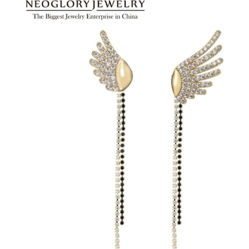 Neoglory Anti Allergy Angels wings Long Tassel Earrings For Femal 2019 Korean AAA+ CZ Dangle Earrings Asymmetry Fashion jewelry