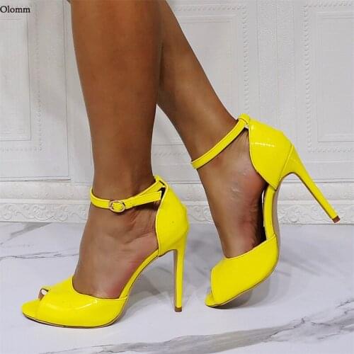 Olomm Handmade Women Summer Sandals Patent Ankle Strap Stiletto Heel Peep Toe Pretty 12 Colors Dress Shoes US Size 5-15