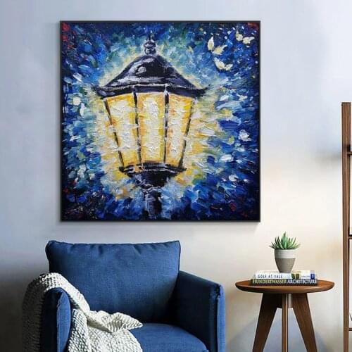 100% Hand Painted Oil Painting Abstract Blue Painting Street Lamp Light On Canvas Decorative Wall Art Pictures For Home Decor