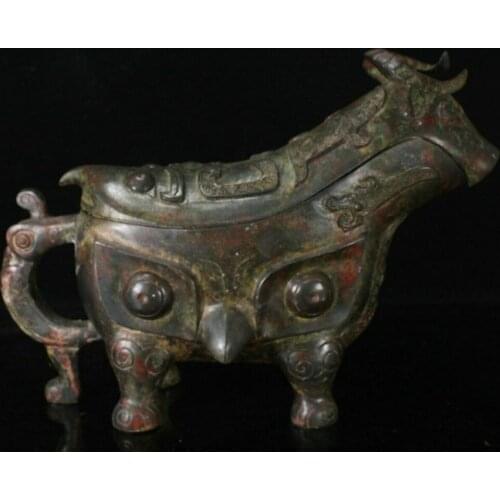 Free shipping Rare China Antique Bronze Ware Dynasty Beast Sheep Goat Head Zun Pot Jar Statue