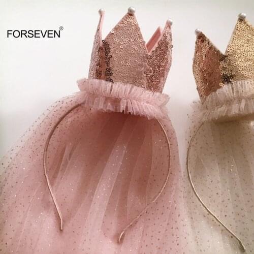 Childrens Sequined Big Crown Headband with Veils Hair Accessories Suitable for Girls Birthday Hats SL