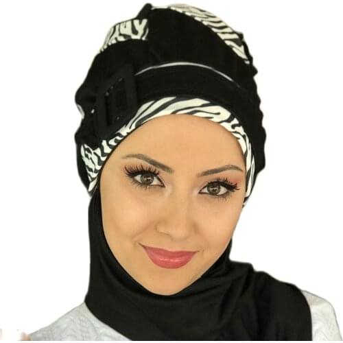 Islamic Fashion Muslim Women Hijab 2021 Trend Scarf Buckle Ready Sal Black White Pattern Horsehair Beret