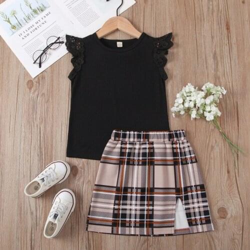 Summer Girls Skirt Two Pieces Suit Fashion Lace Solid Color Fly Sleeve T-shirt and Plaid Split Short Skirt