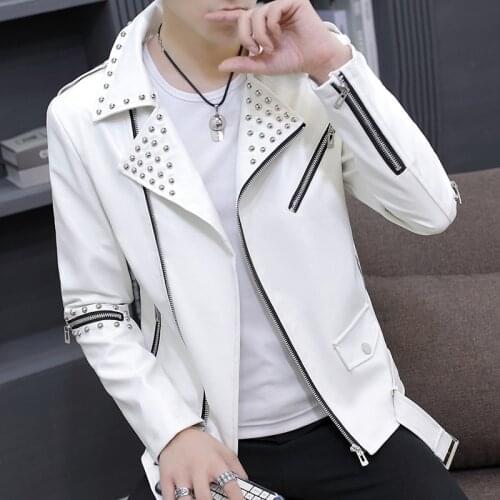 2021 Mens Rivet Personality Oblique Zipper Leather Clothing Youth Handsome Slim Lapel PU Leather Jacket