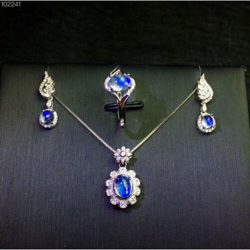 Natural Moonstone Set, Blue Gloss, Clean Crystal, Beautiful Style, 925 Silver, Ring Stud Earrings