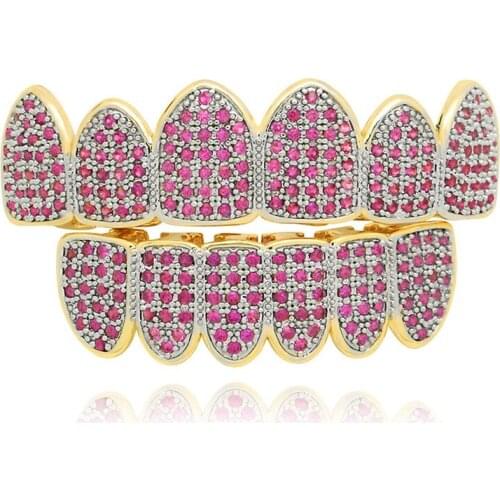 Rose Red Cubic Zircon Teeth Grills Set Golden Hip Hop Iced Out Mouth Grills Top&Bottom Dental Grills Drop Shipping