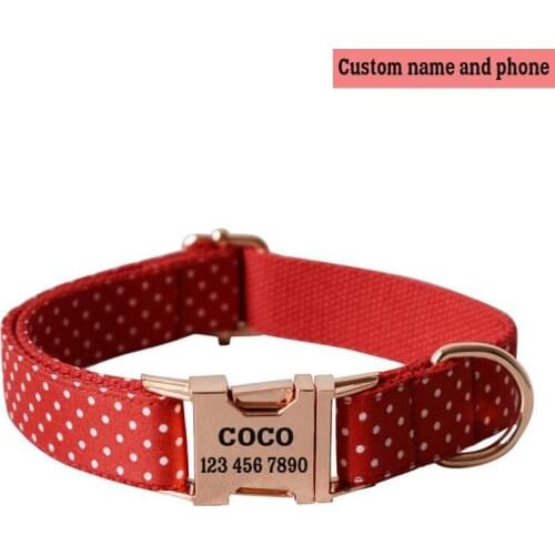 Personalized Pet Collar White Dot Puppy Cat ID Card Adjustable Custom Name Rose Gold Buckle Red Basic Dog Collar Leash Set