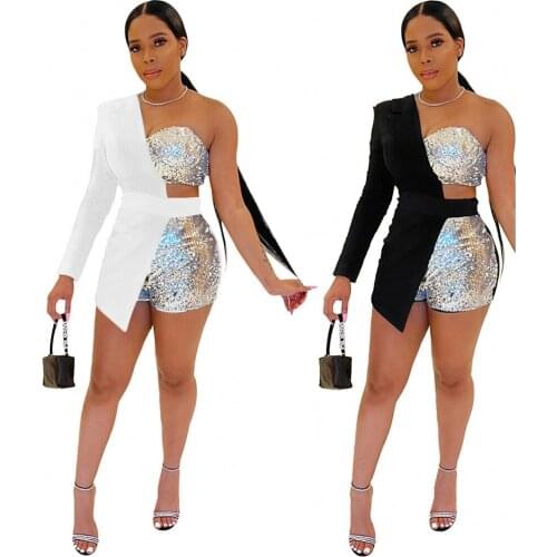 Long-Sleeved Jacket + Shorts Two-Piece African Sexy Womens Sequined Slim Tube Top Ladies Suit 2021 Autumn New African Clothing