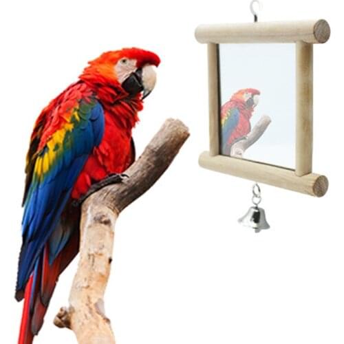 Pet Bird Parrot Stand Perch with Bell Mirror Hanging Cage Wood Stand Interactive Play Toy