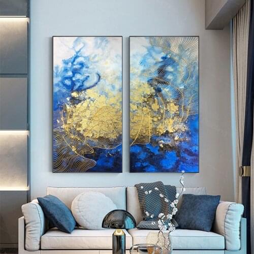 Hand Painted Blue Abstract Canvas Painting Wall Art Picture Gold Line For Living Room Home Decoration Salon