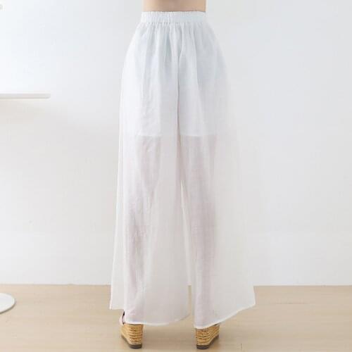2021 New Hemp Linen Pants Women Wide Leg Oversized Elastic Waist Full Length Yogo White Pansts Black Color Summer Loose Trousers