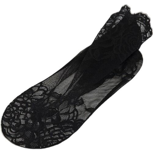 Women Sexy Hollow Out Fishnet Ankle Socks Solid Color Floral Lace Splicing Anti-Skid Silicone Ultra Thin Tube Hosiery