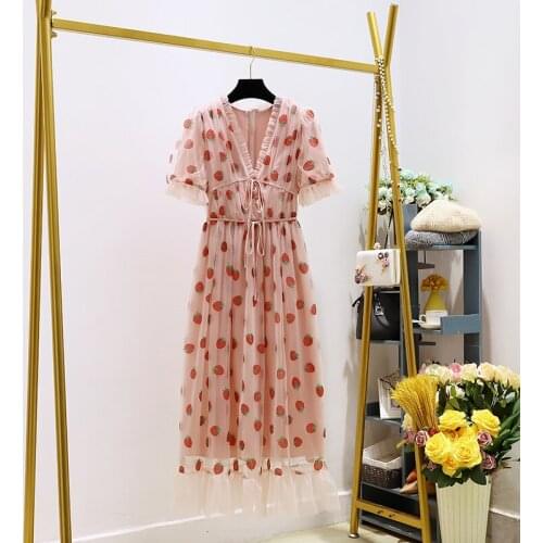 2020 New Arrival Strawberry Embroidery Cascading Ruffle Designer V-neck Lace Dress Women Short Sleeve Sweet Maxi Holiday Dresses