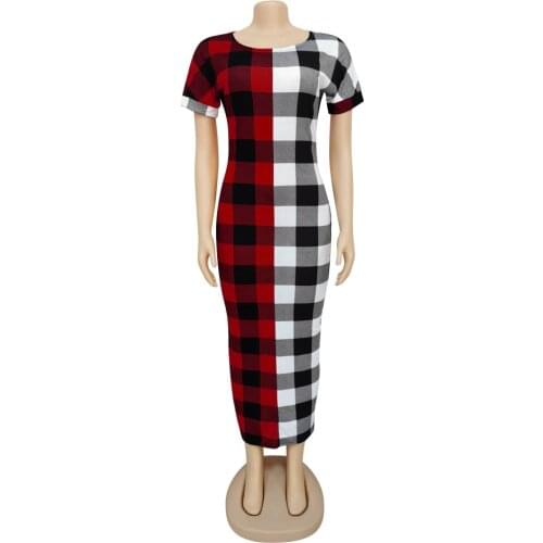 2020 Spring New Women Slim Bodycon Dress Summer Short Sleeve O-Neck Plaid Print Maxi Robe Dresses Female Work Pencil Long Dress