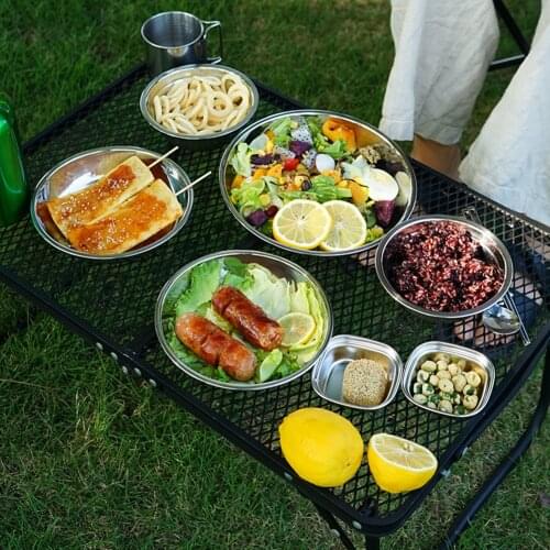 17pcs Outdoor Tableware Stainless Steel Plate Bowl Food Container with Storage Bag for Camping Barbecue Picnic Dinnerware