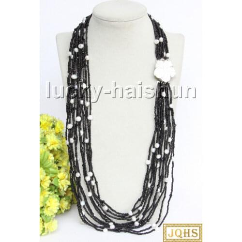 Long 27-32" 12row baroque white freshwater pearls necklace seashell clasp j13281