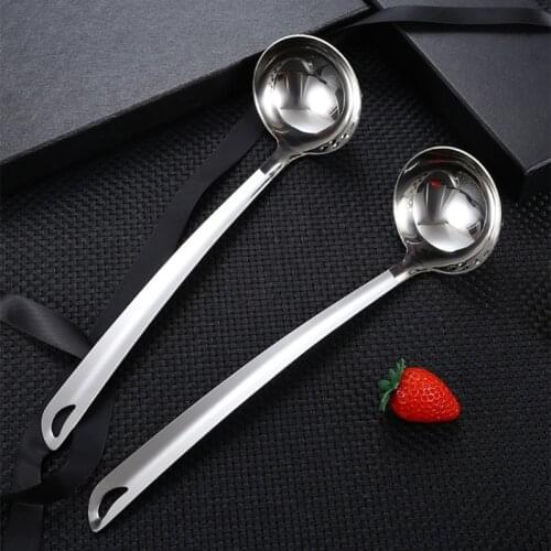 Durable 201 Stainless Steel Dual Purpose Colander Cooking Soup Spoon Kitchen Hot Pot Filter Spoon Long Handle Hanging Hole