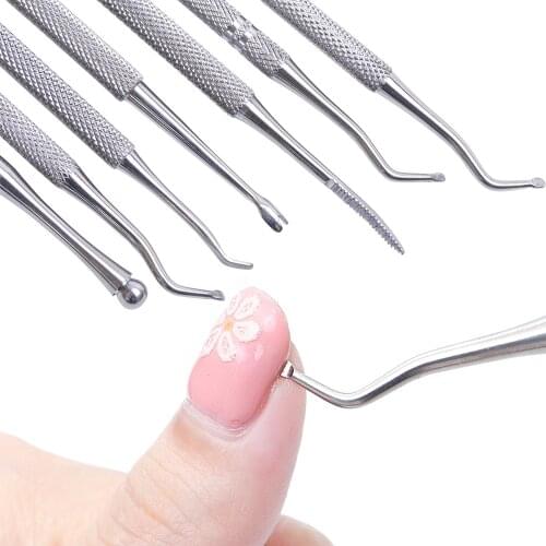 Dual-ended Silver Groove Pick Toe Finger Corrector Cuticle Pusher Stainless Steel Remover Dead Skin Manicure Nail Tools LAG01-07