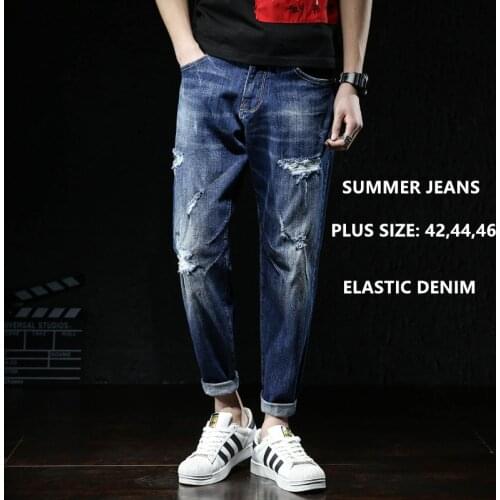 Men Jeans Fashions Ripped Fit Denim Hip Hop Mens Harem Jean Plus Size 42 44 46 Summer Ankle Length Cotton Trousers Cowboy Pants