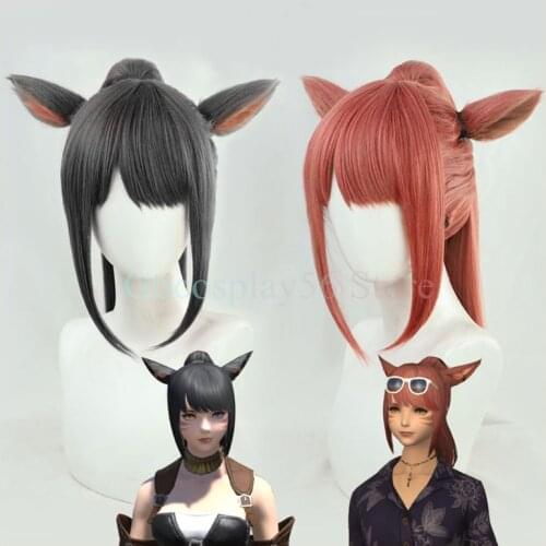 FF14 Ryne Gaia Wig Ears Final Fantasy XIV Cosplay Long Straight Ponytail Heat Resistant Synthetic Hair Game Role Play