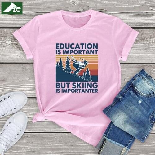 FLC women Kawaii t shirt School Is Important But Skiing Is Importanter Women clothes summer unisex kpop T-shirt cotton Tee top
