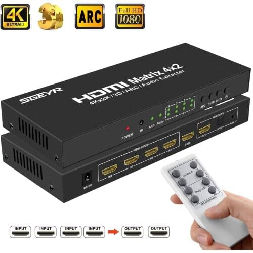 HDMI True Matrix 4x2 HDMI Matriz Switcher Switch Splitter 4 Input 2 Output with 3.5mm Audio Extractor+Optical,Remote Control