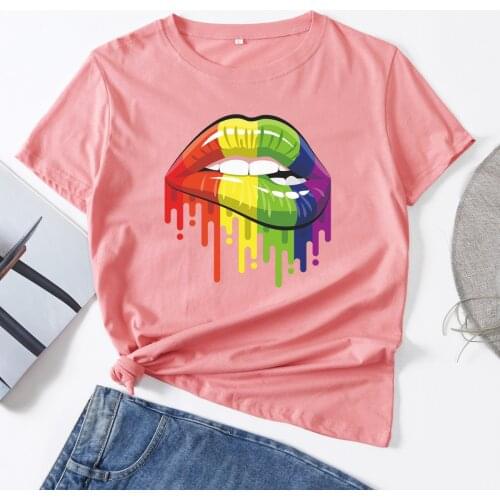 Dripping Colourful Lips Lip Drip Woman T-Shirt Short Sleeve T-Shirts Summer Tops for Women Cotton Graphic Tee Female Clothes