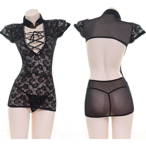 Punk Lolita Lace Cheongsam Sexy Womens Lingerie Set See Through Cosplay Costumes Flower Pattern Sleepwear Outfit Night wear