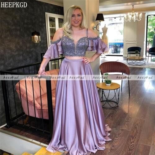 Lavender 2 Piece Prom Dresses With Pearls Spaghetti Straps Satin Long Formal Dress Plus Size Girl Graduation Party Gowns Cheap