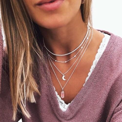 Multi-laye Moon Pink Crystal Pendant Necklace for Women Simple Gold Silver Color Beaded Choker Necklaces 2020 Fashion Jewelry
