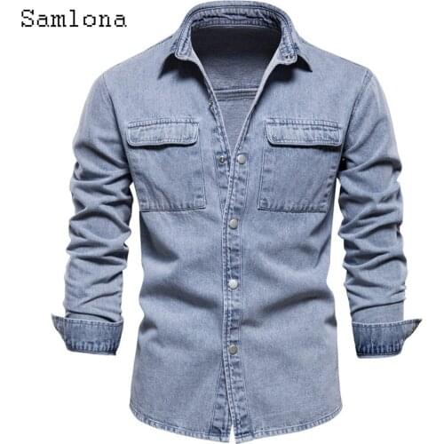 Samlona Long Sleeve Men Fashion Demin Jackets Mens Patchwork Multi-Pocket Jackets European Style 2021 Single Breasted Outerwear