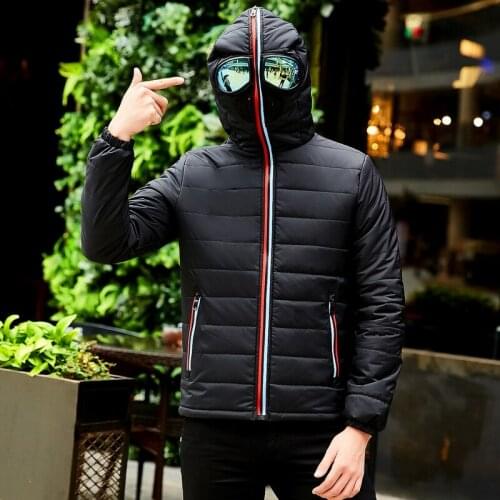 Jacket motorcycle male Hooded with Glasses Parkas Long Sleeve Parkas Warm Cotton Quilted Coat Jacket Slim Mens Cool Down jacket