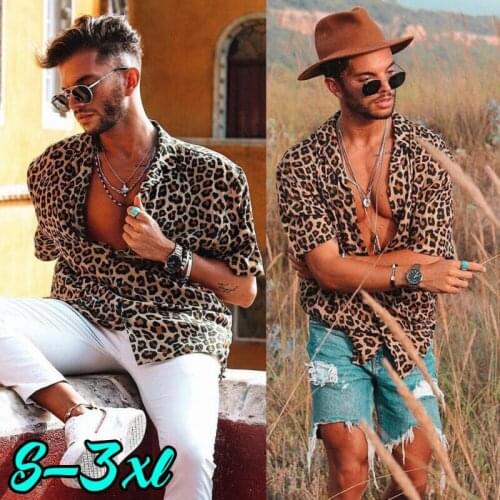 Holiday Hawaii Style Mens Short Sleeve Leopard Printed Loose Shirt Casual Single Breasted Shirt Breathable Soft Turnleneck Tops