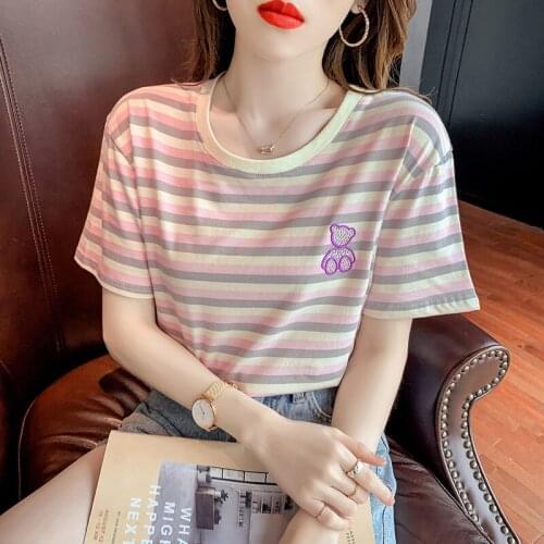 Summer New Korean Fashion Loose Women T shirt rainbow stripe Women O-neck T-shirts Tops Temperament Women T shirt