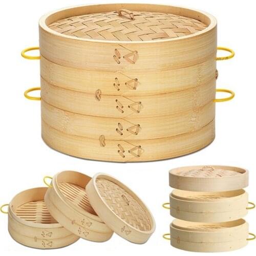 Chinese Dumplings Bamboo Steamer Cooker 15/20/25 cm with Lid Dimsum with Handle