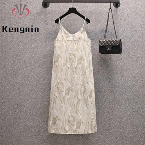 Plus Size 4XL Women Sexy Sleeveless Dresses 2021 Summer Loose Spaghetti Strap with Lining V-Neck Office Lady Robe Dress KE1603