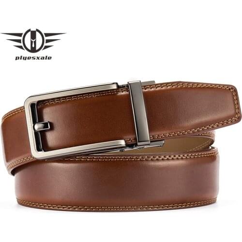 Plyesxale New Cow Leather Belts for Men 3.5cm Width Mens Belts Alloy Automatic Buckle Dark Brown Belt Male Fashion Luxury B506