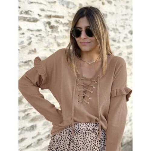 Popular V-neck Corns Lace Up Ruffle Long Sleeve Sweater Top Khaki Black Women Shirts