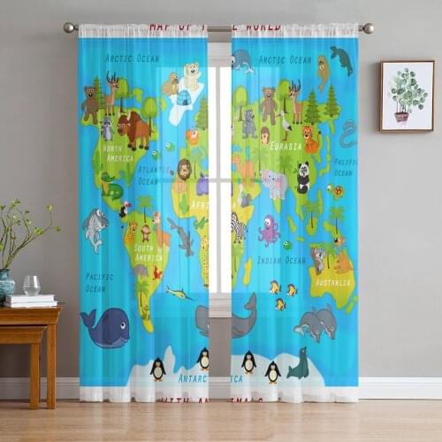 Animal Map Panda Penguin Sheer Curtains for Living Room Bedroom Kitchen Tulle for Windows Voile Yarn Curtains for Bedroom
