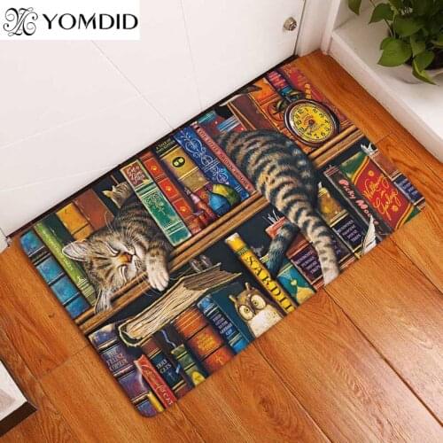 Rectangle Light Welcome Home Door Mats Funny Lazy Bookshelf Sleeping Cat Pattern Carpets 50x80cm Thin Bathroom Door Mat Carpets