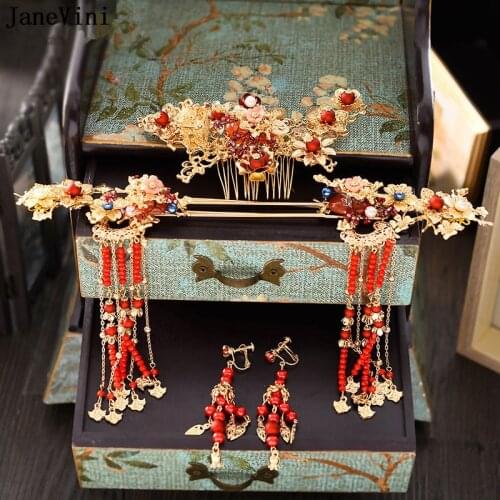 JaneVini Luxurious Chinese Wedding Headband Ancient Red Bridal Hairpin Beaded Gold Tassel Women Jewelry Hair Wedding Accessories