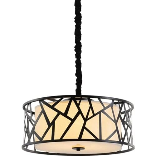 Modern Chinese black iron round pendant lights exhibition hall bedroom dining room study white fabric hanging kitchen lamps