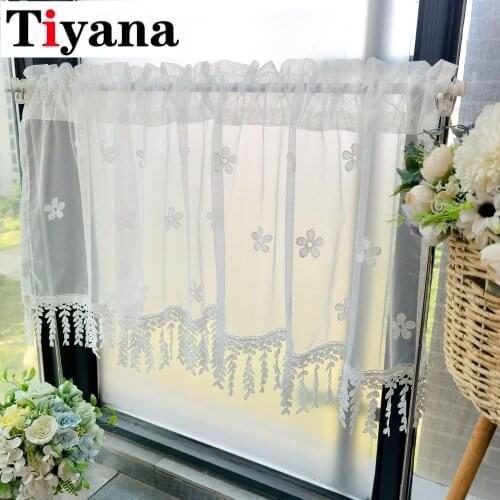 Rustic White Lace Flower Curtain Valance Hem Tassel Coffee Short Curtain for Cabinet Door Bedroom Window Drapes Home Decor