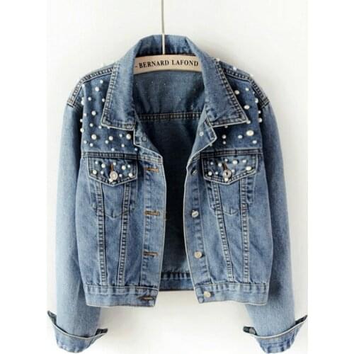 Women jackets 2021 new spring casual jeans bomber jacket denim coat long sleeve pearl beading crop jackets woman coats plus size