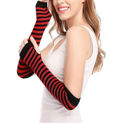 1 Pair Harajuku Punk Women Long Fingerless Gloves Gothic Fashion Striped Print Long Arm Fingerless Gloves Warmer Knitted Mittens