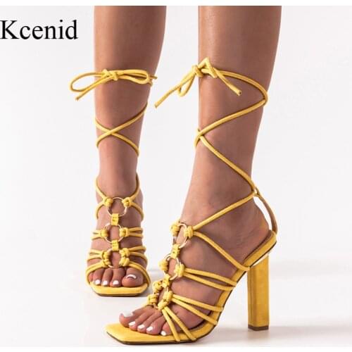 Kcenid Summer Narrow Band Metal Decoration Sandals Women High Heels Strappy Shoes Square Head Female Strange Style Women Pumps